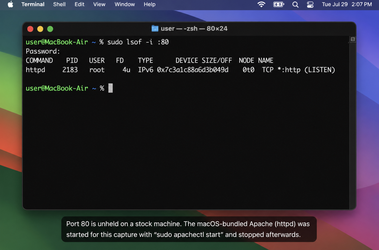 The macOS-bundled Apache holding port 80. Port 80 is unheld on a stock machine, so the Apache was started for this frame and stopped afterwards.