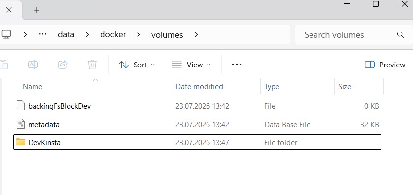 DevKinsta folder created by hand inside the Docker WSL volumes path to resolve DK0083