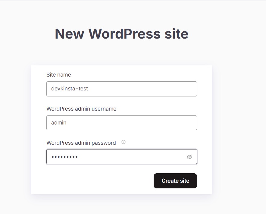 DevKinsta New WordPress site form with site name and WordPress admin username and password fields