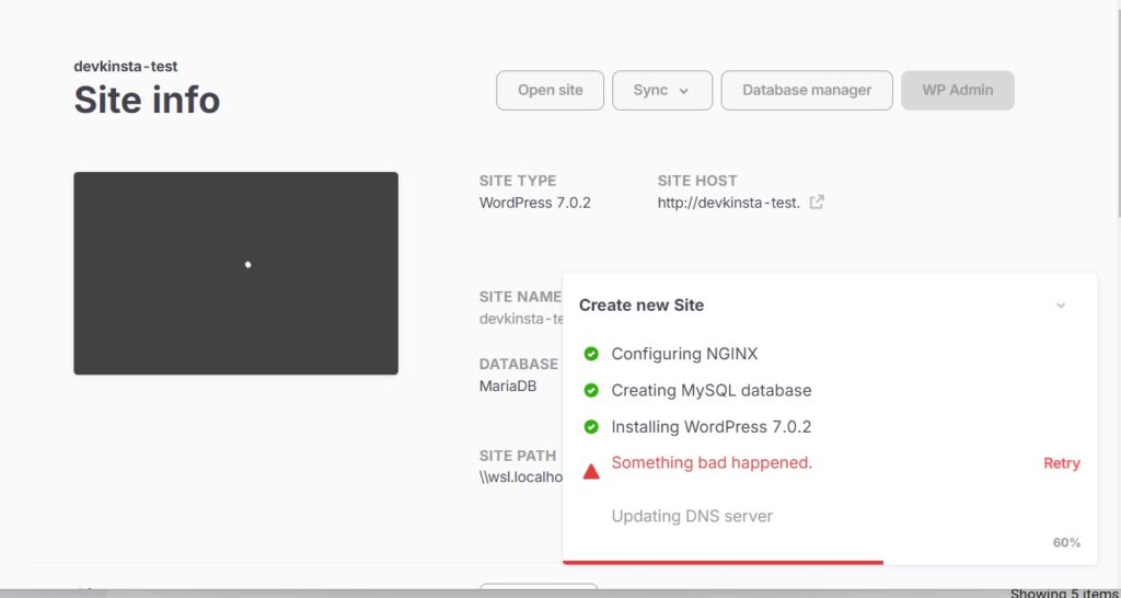  DevKinsta Something bad happened error during site creation at the Updating DNS server step