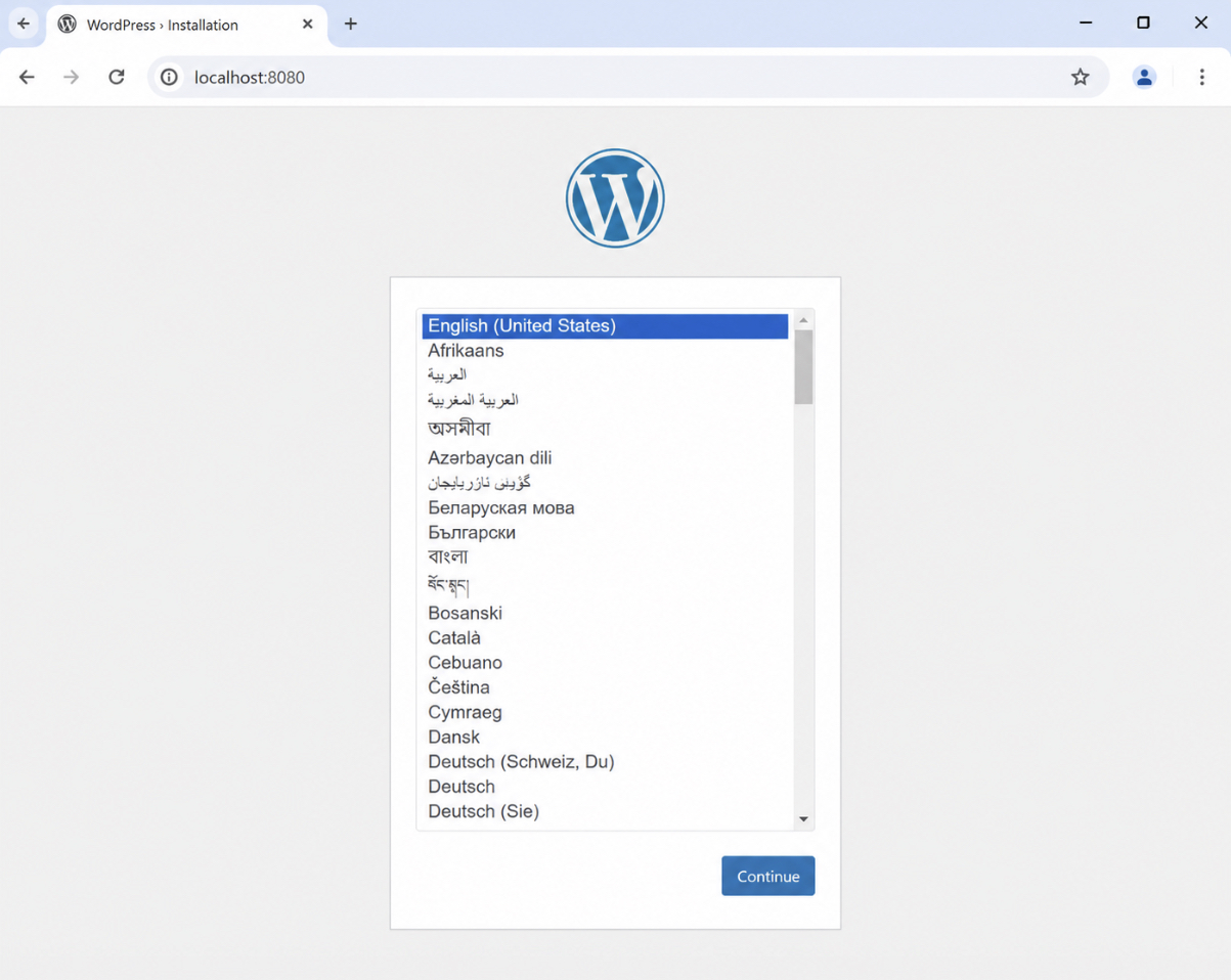 How to Install WordPress at localhost:8080 - install screen