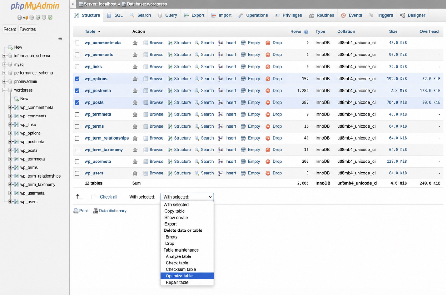 phpMyAdmin table