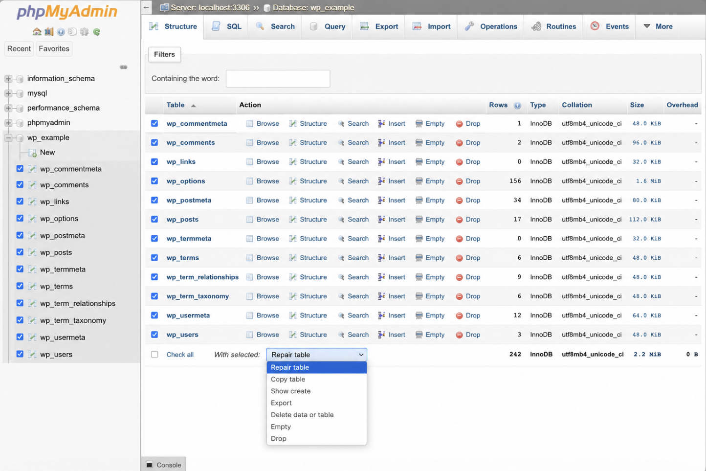 phpMyAdmin with the WordPress database selected