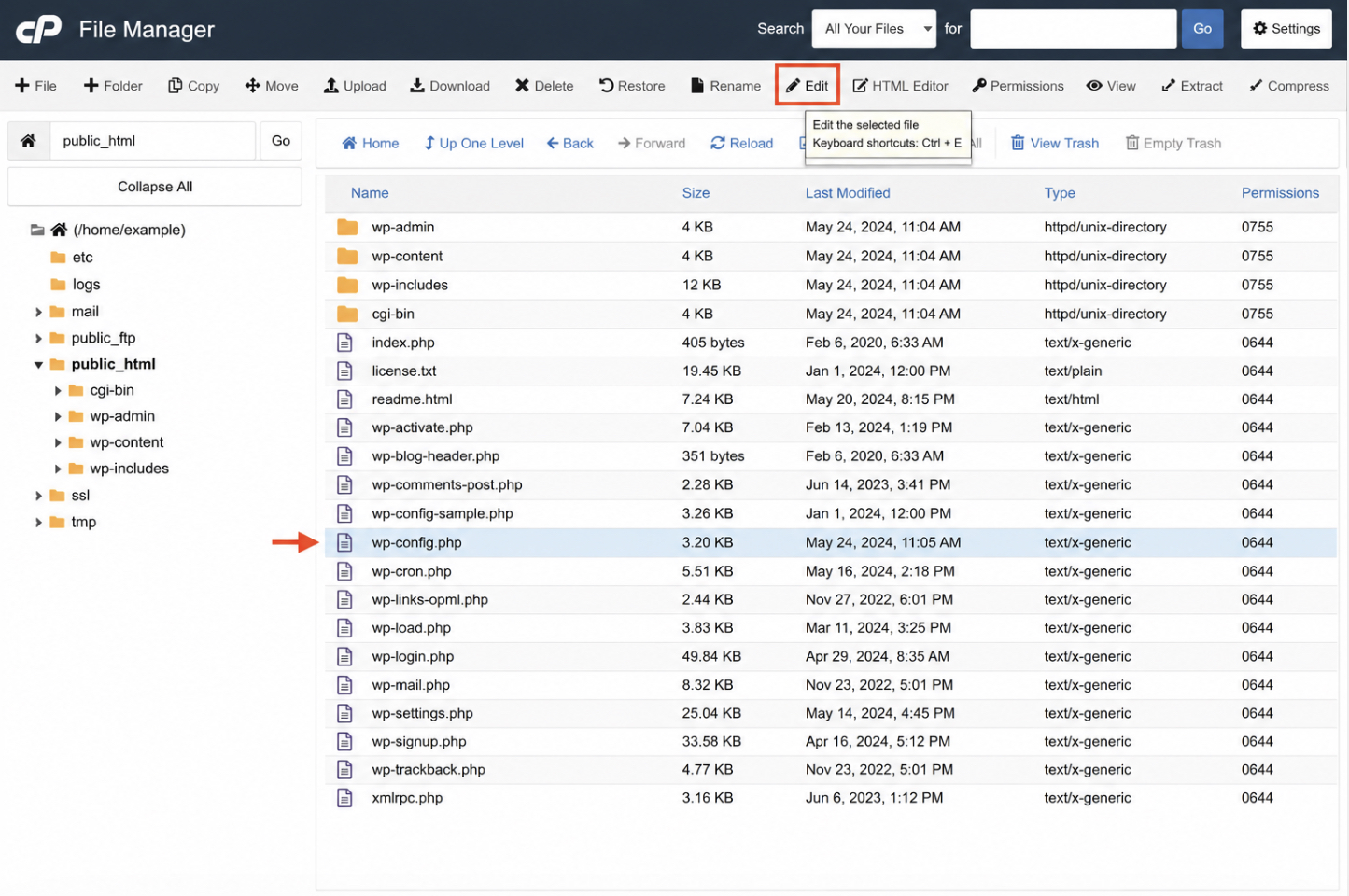 cPanel File Manager with the site root open, wp-config.php selected