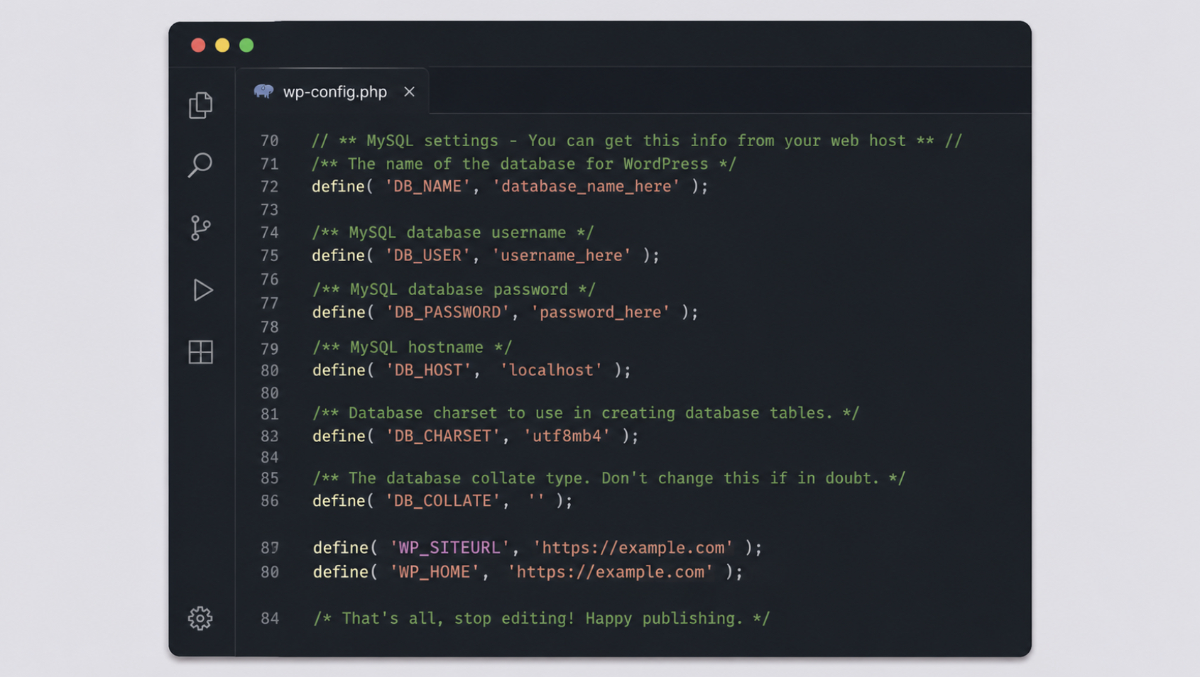 wp-config.php open in a code editor,