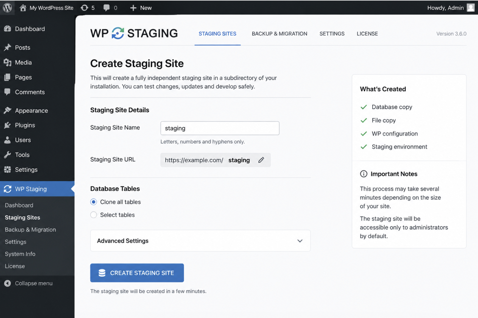 WordPress staging plugin interface