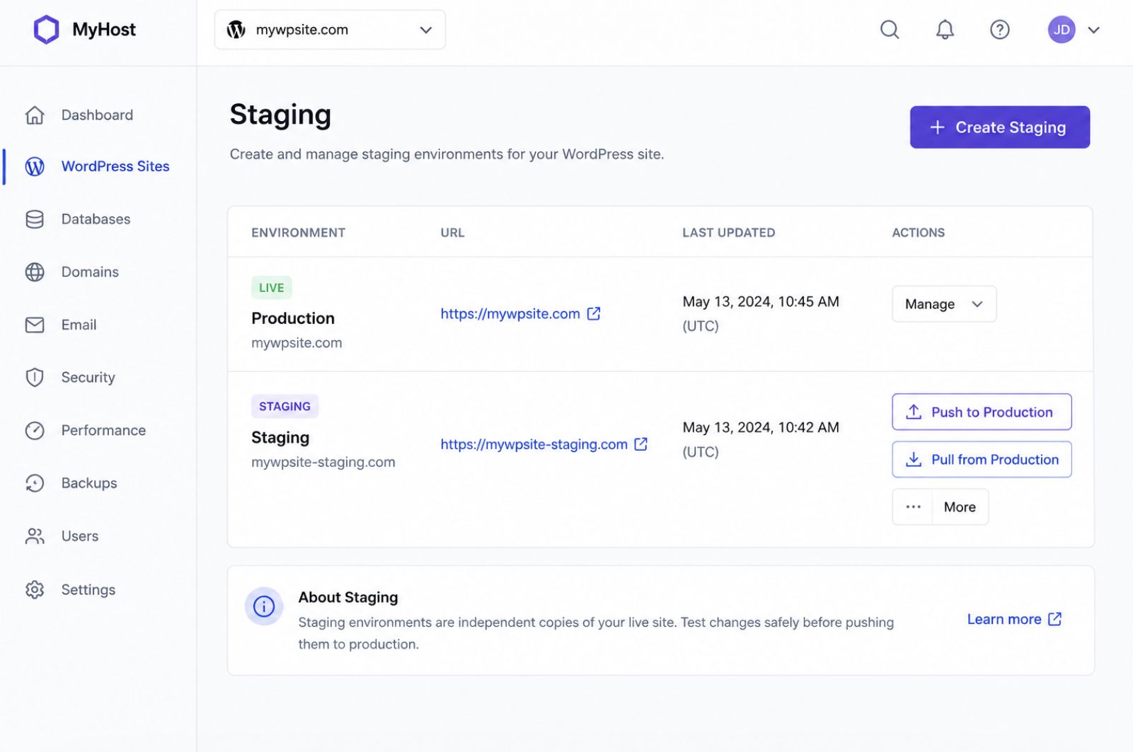 hosting dashboard of a managed WordPress host