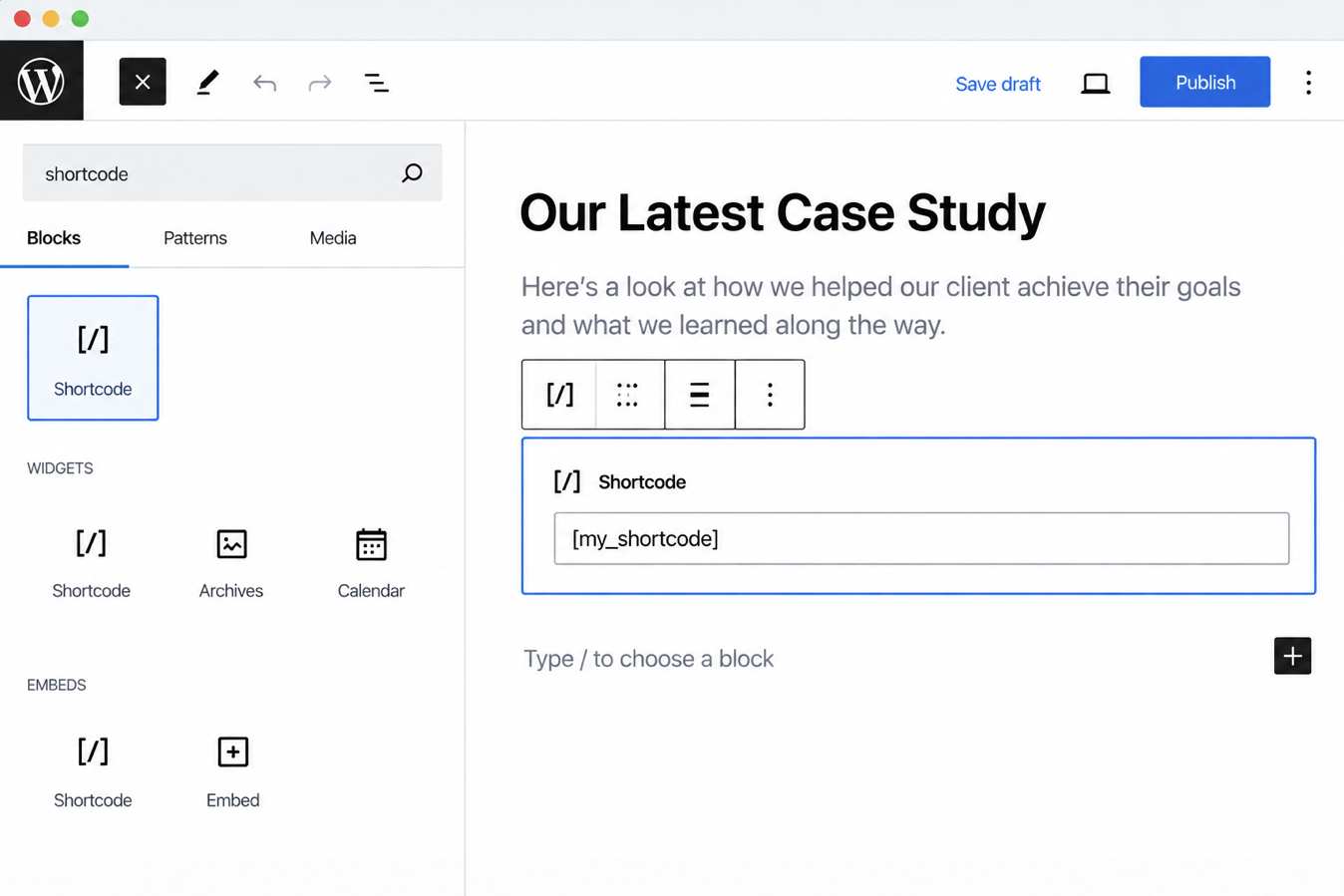 Adding a Shortcode in the Block Editor