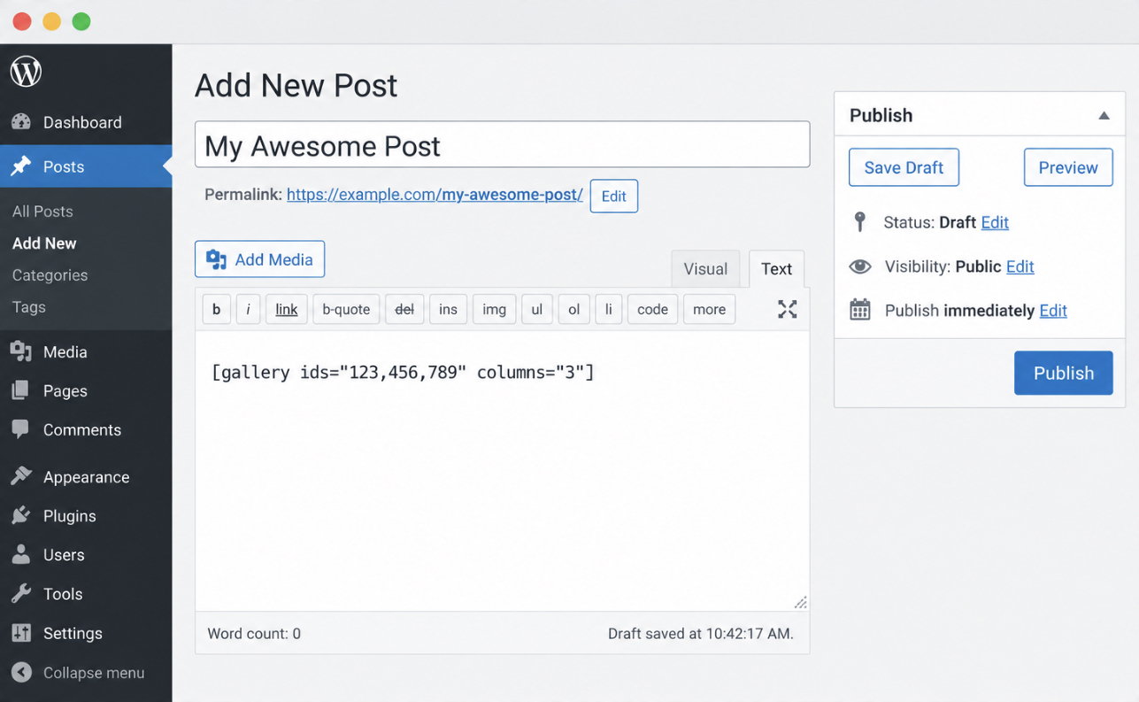 Classic Editor Text Visual tab