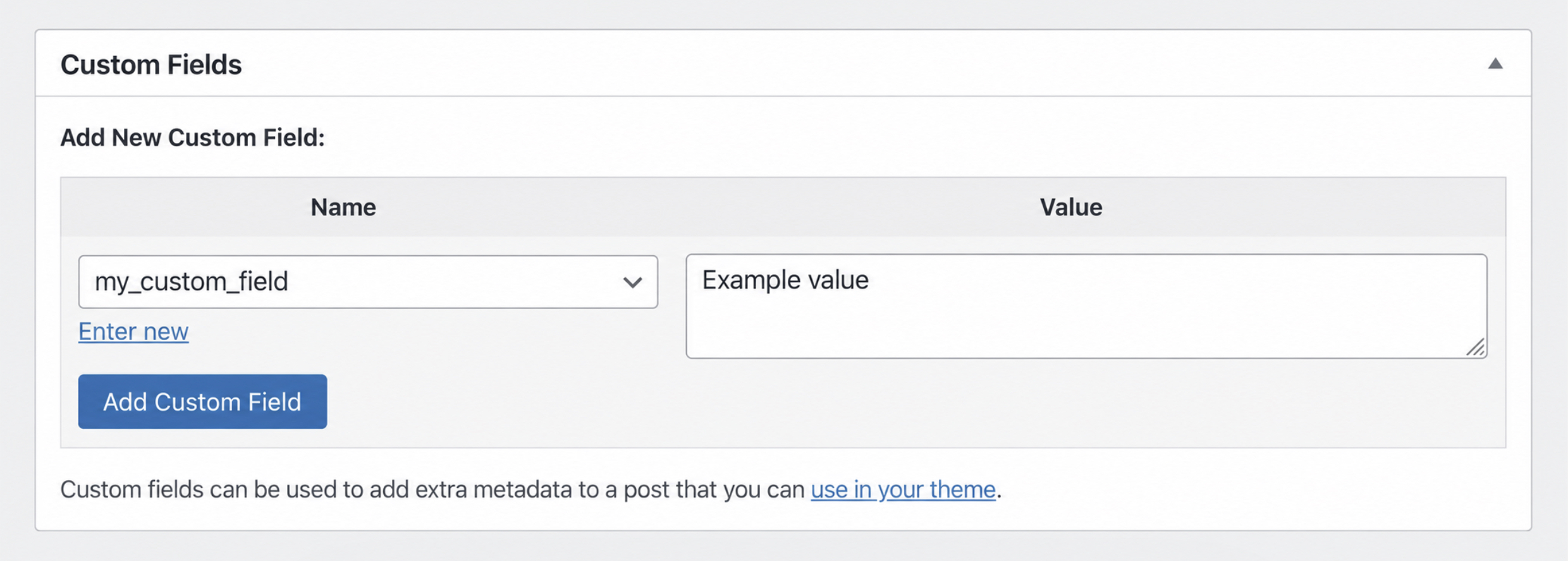 Custom Fields box showing the Name field