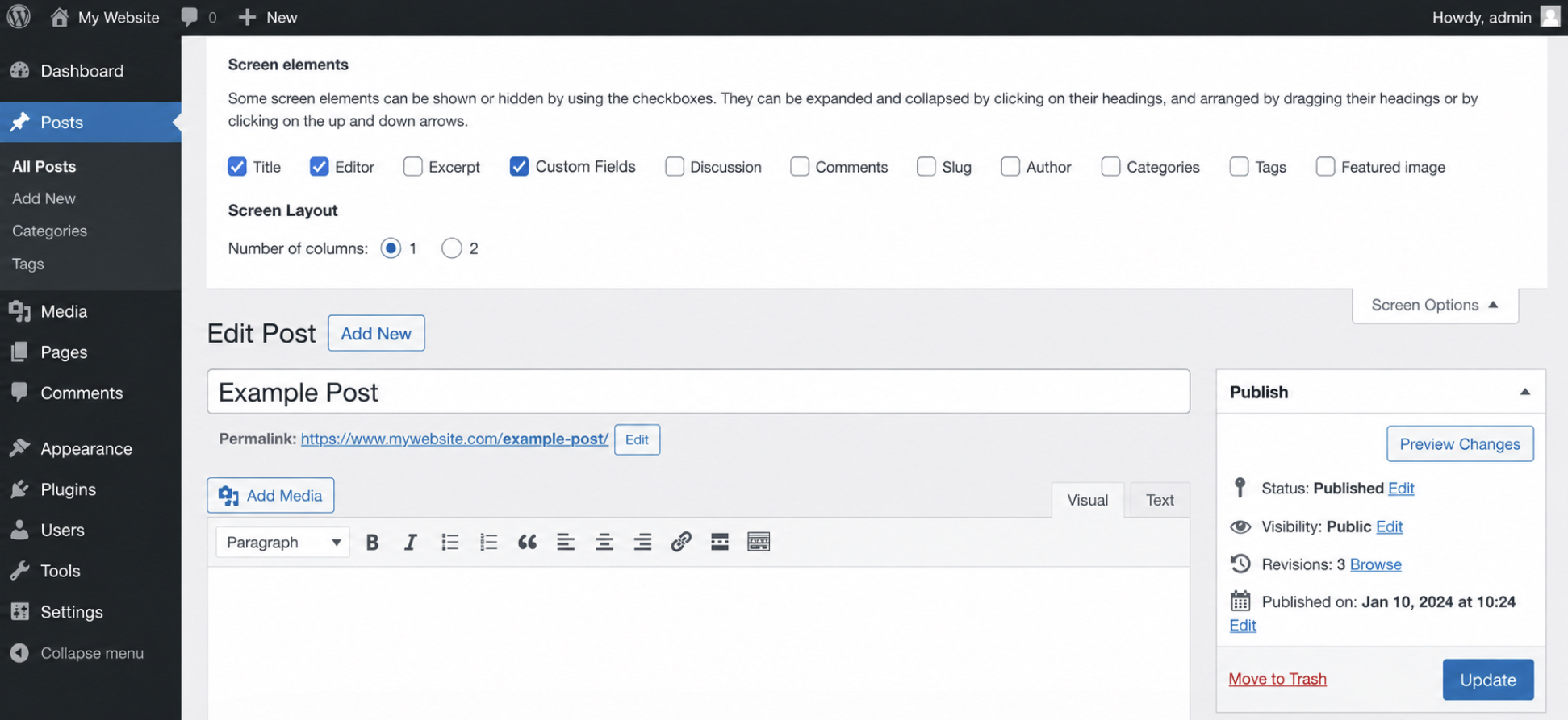classic editor Screen Options bar