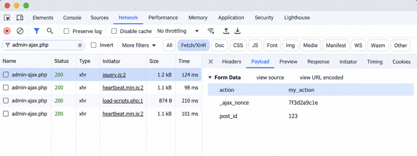 form data of a sent WordPress AJAX request in Chrome DevTools