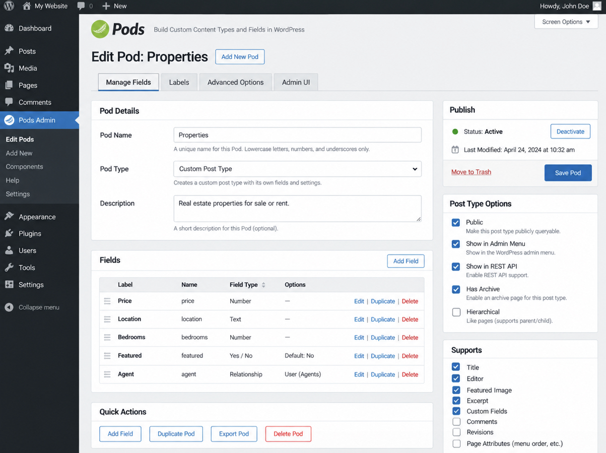 Pods WordPress custom post type plugin