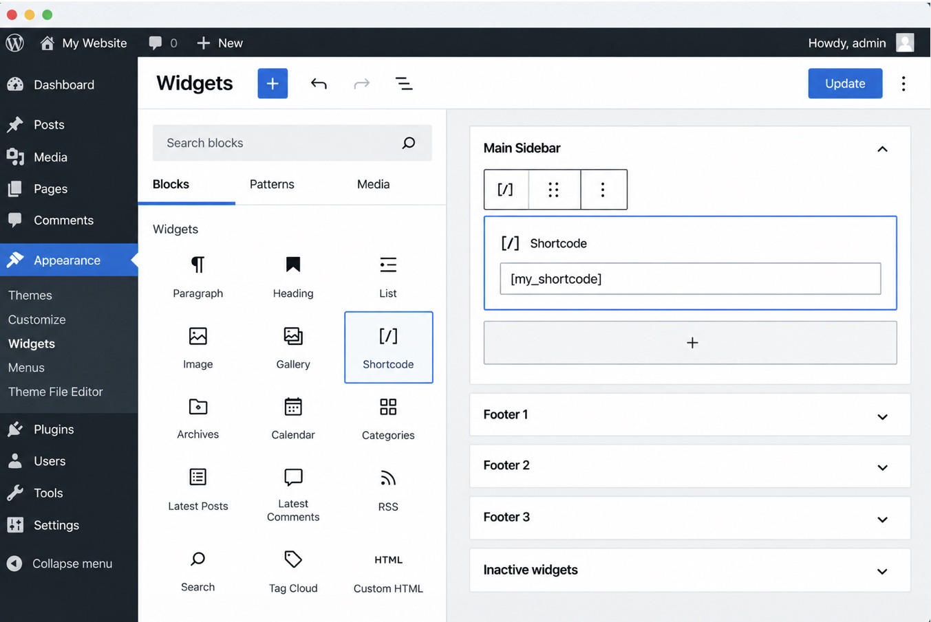 Shortcode block in sidebar widget area