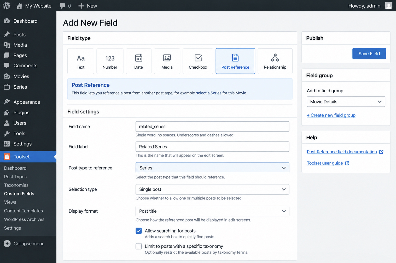 Toolset Post Reference Field