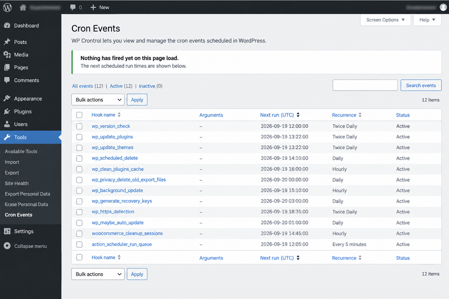 WP Crontrol cron events screen