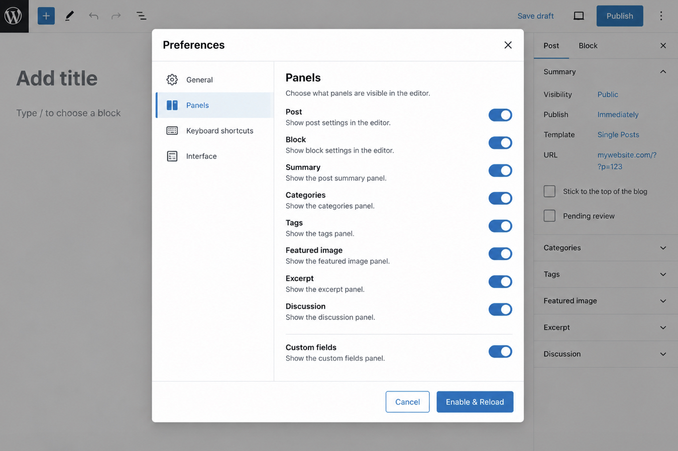 block editor Preferences dialog
