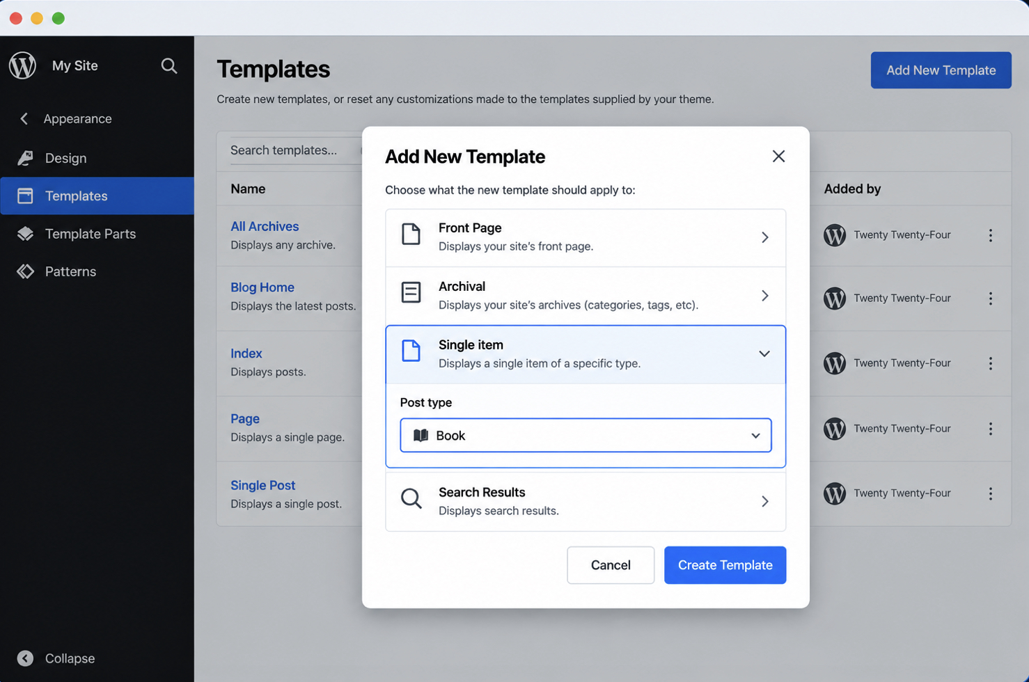 Single item selection for the book post type in the Site Editor Add New Template dialog