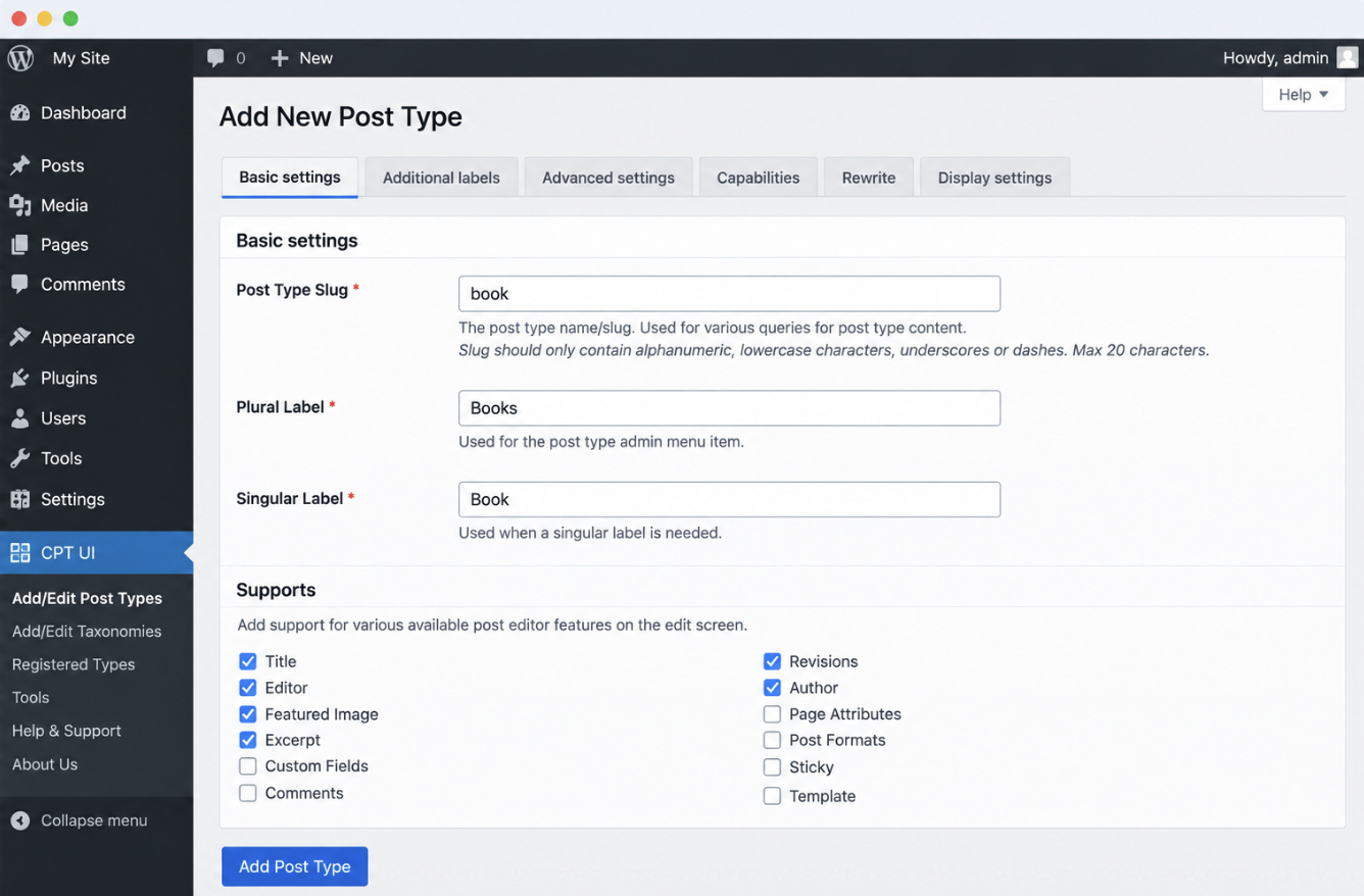 the plugin's add/edit post-type screen