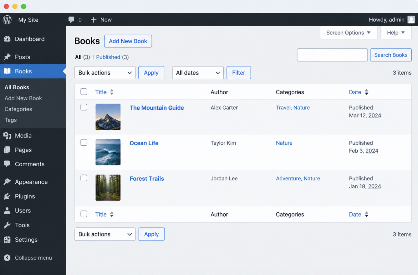 wp admin sidebar new section