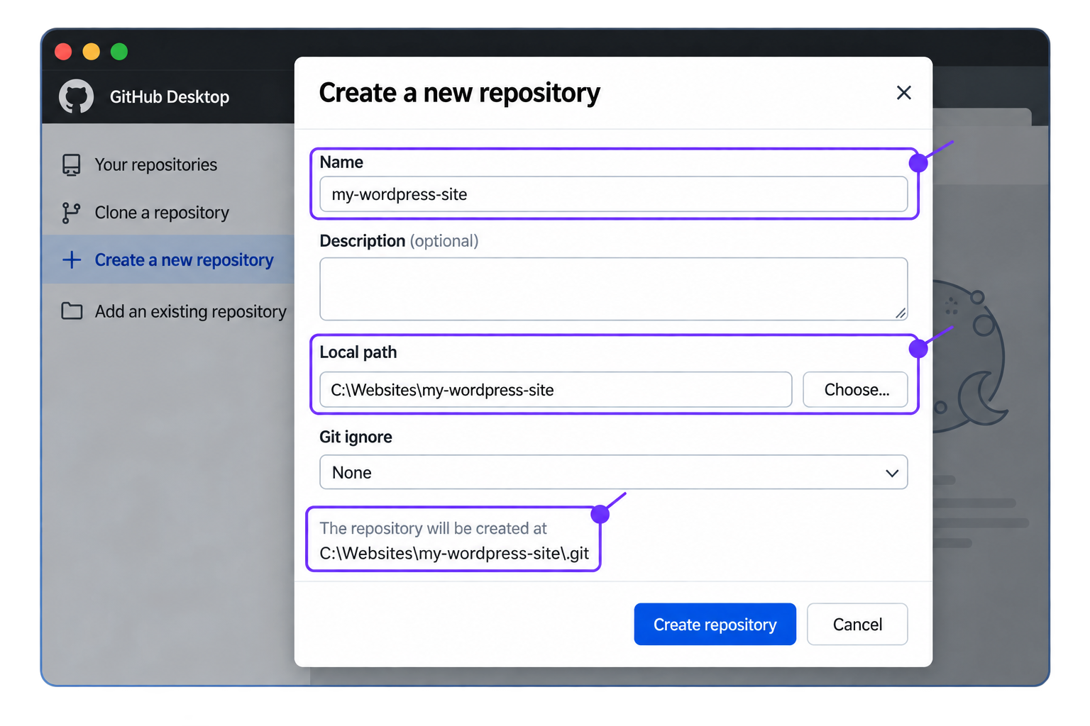 Create a new repository dialog
