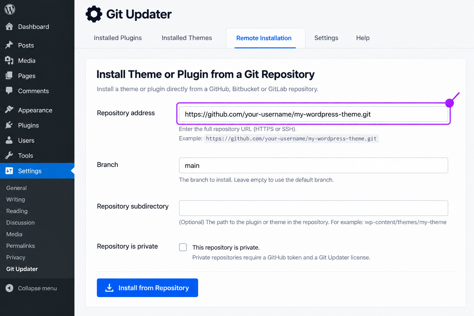 Git Updater settings