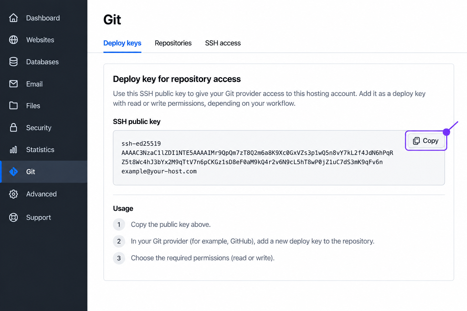 Git section of a deploy-key panel 