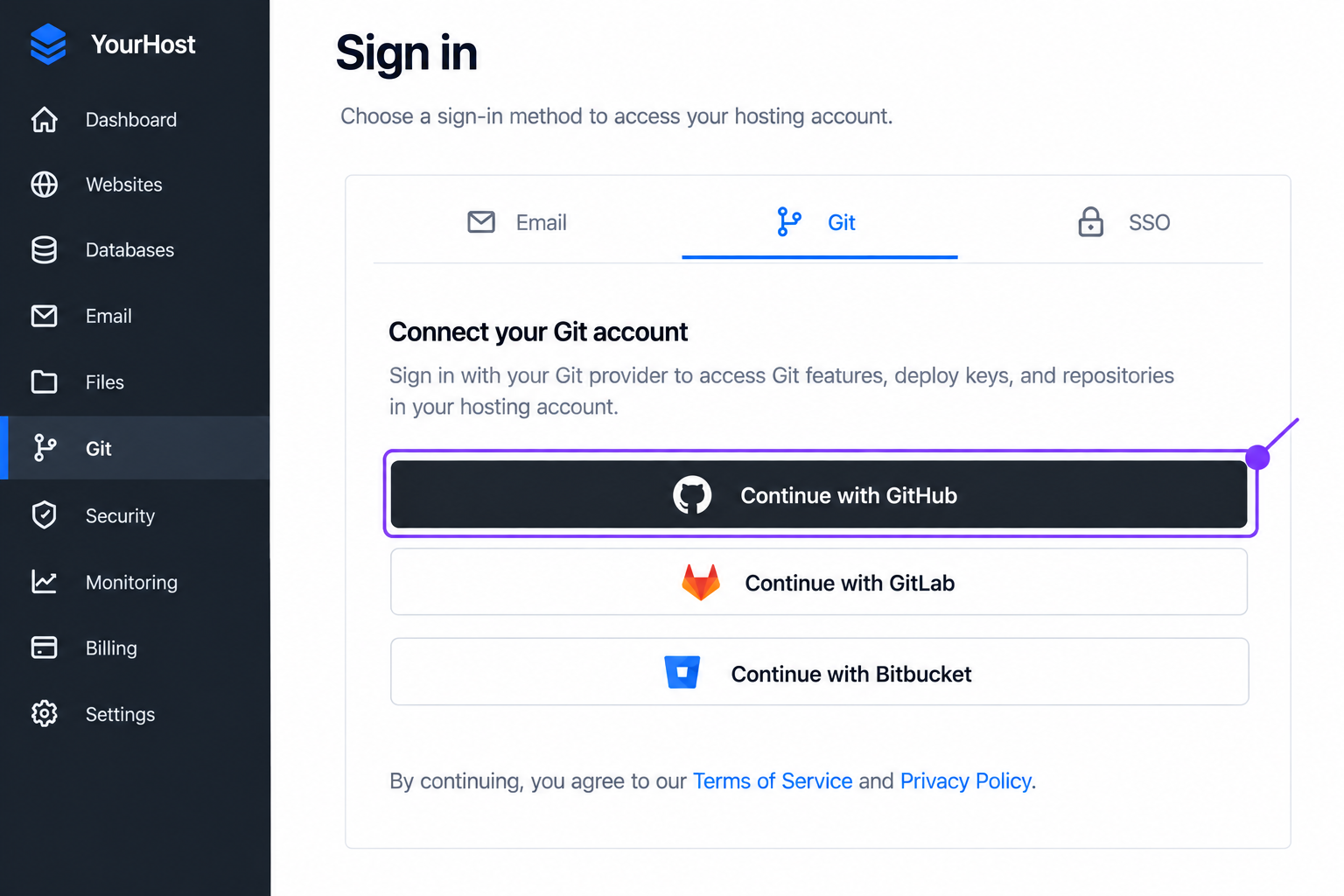 Git section of a sign-in panel 