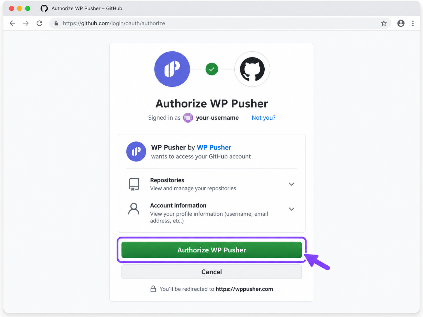 GitHub authorization pop-up for WP Pusher,