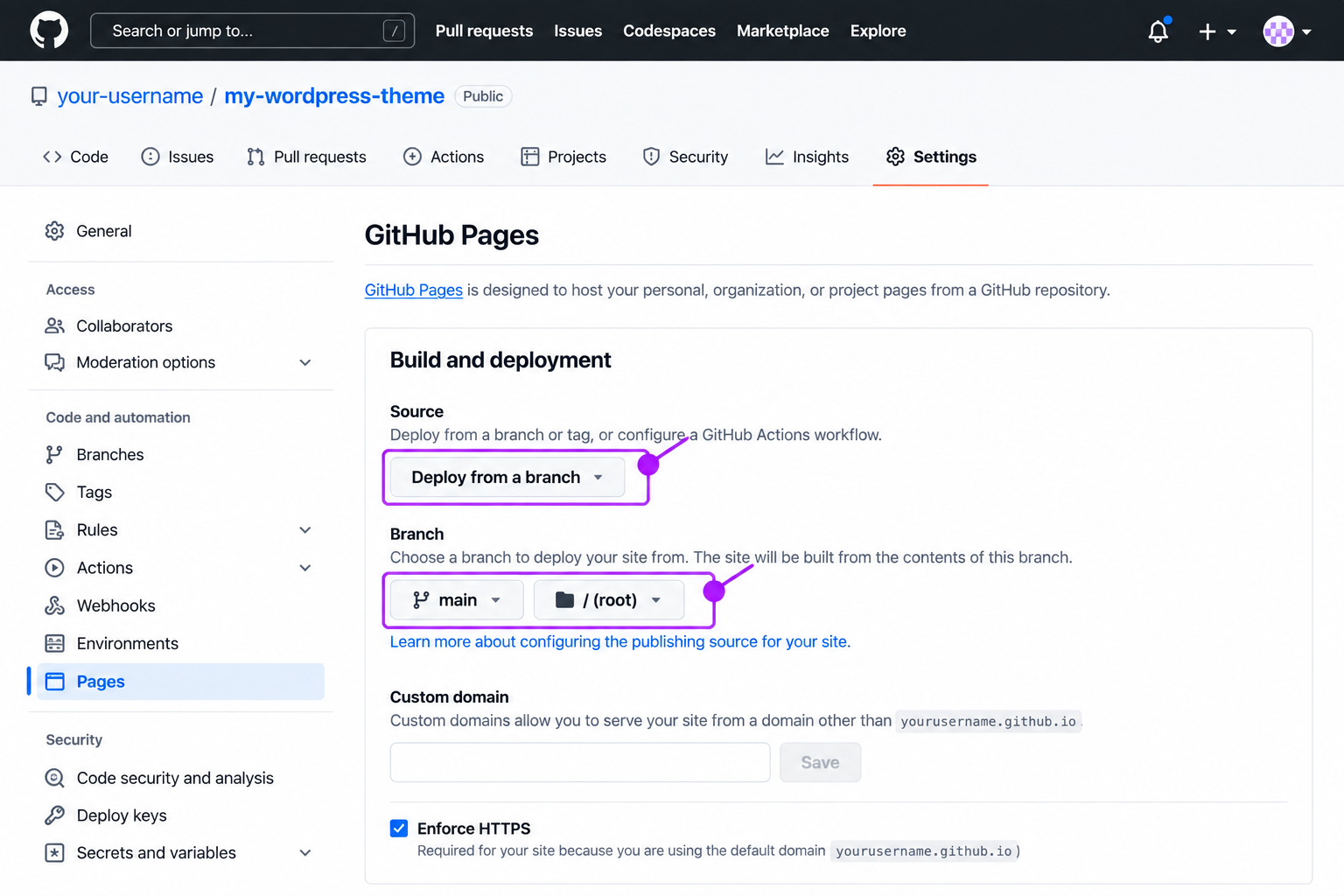 GitHub, repository Settings