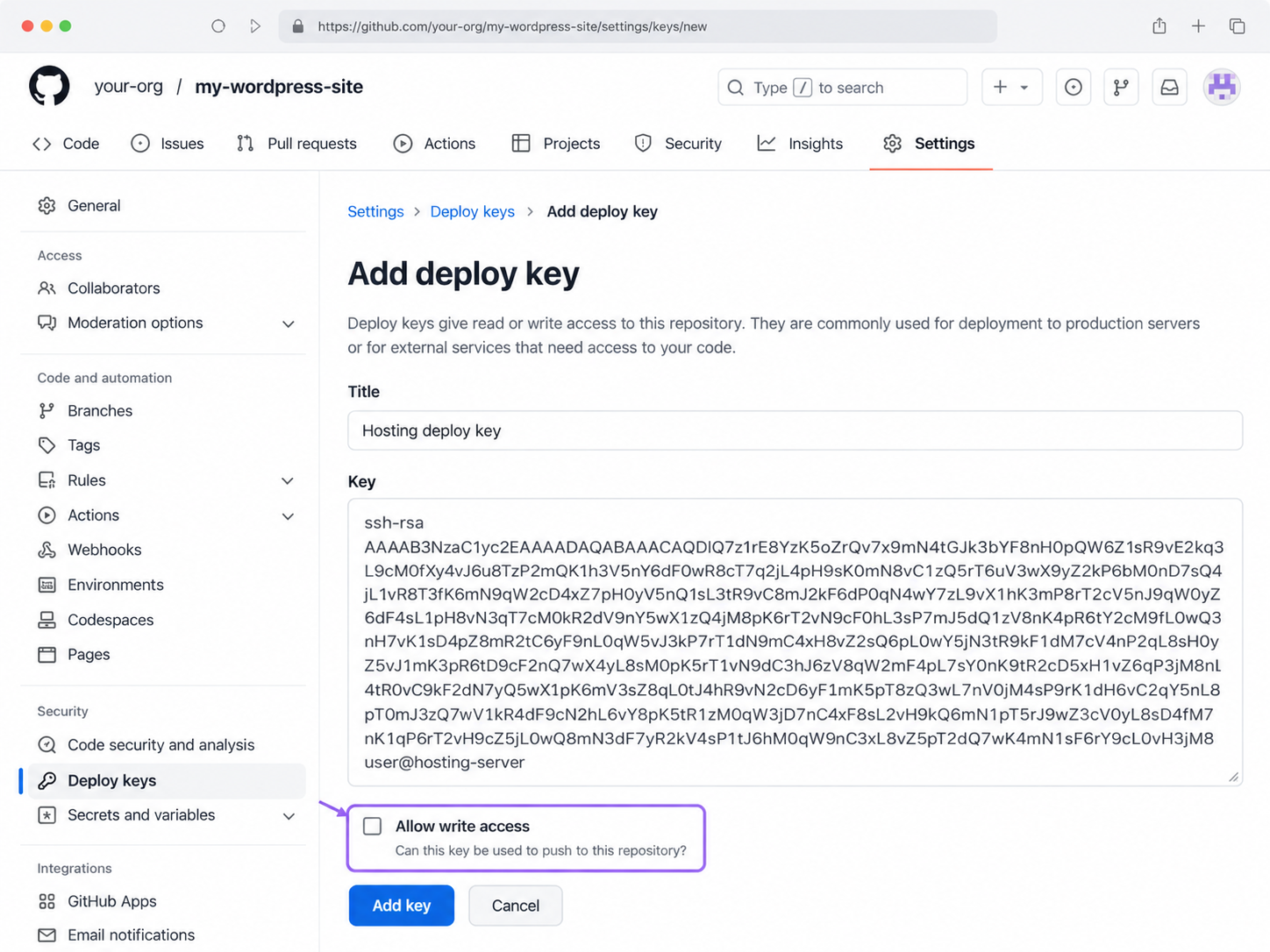 GitHub, repository Settings