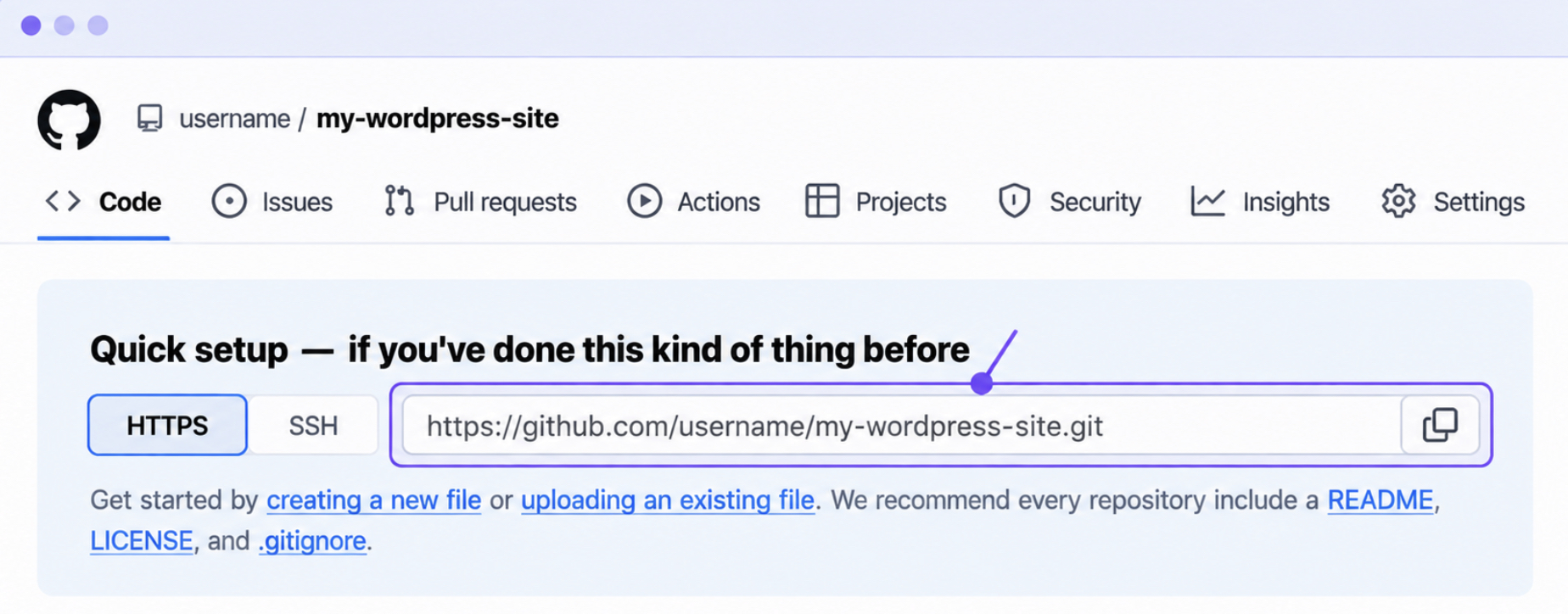 Quick setup page of the empty repository