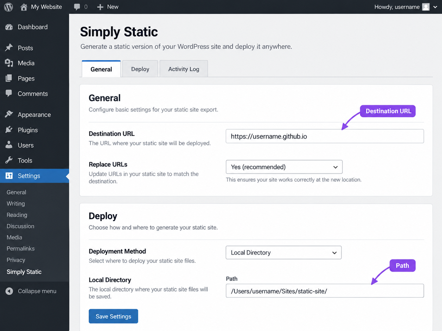 Simply Static settings, live labels