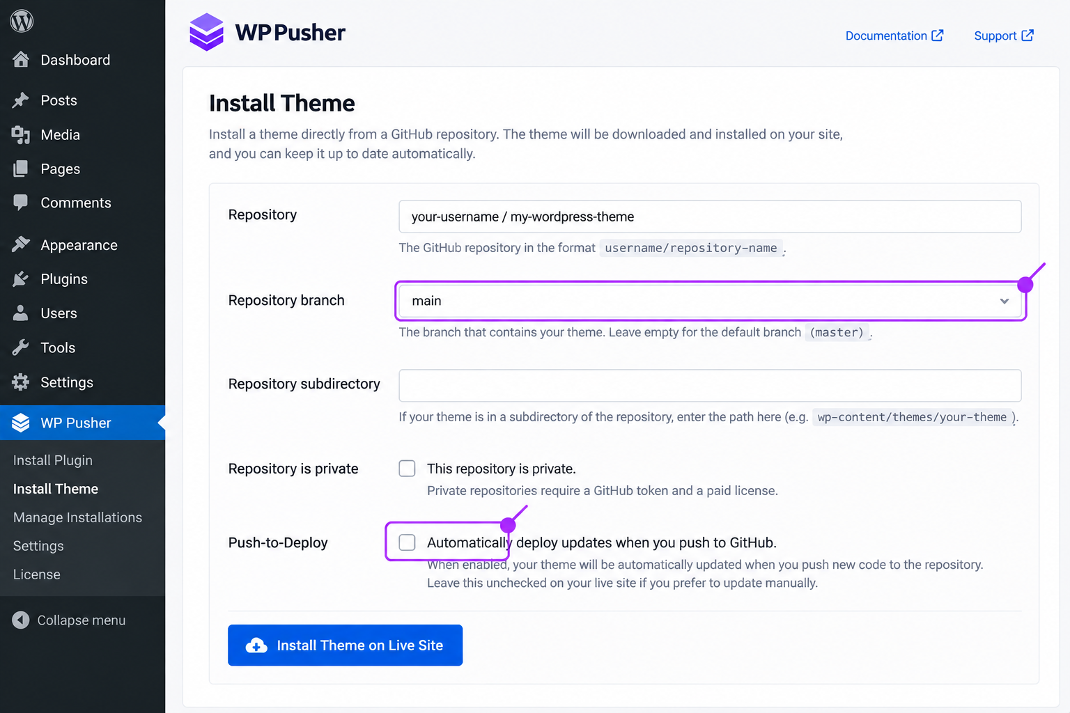 WP Pusher, Install Theme form