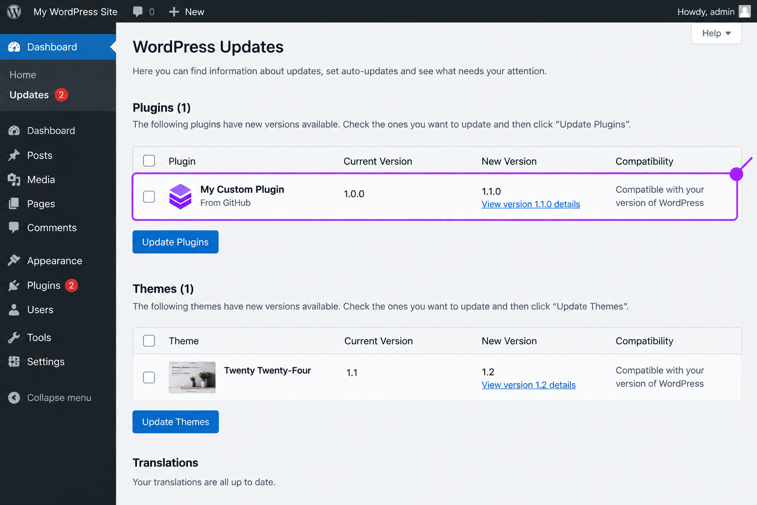 dashboard, Updates screen
