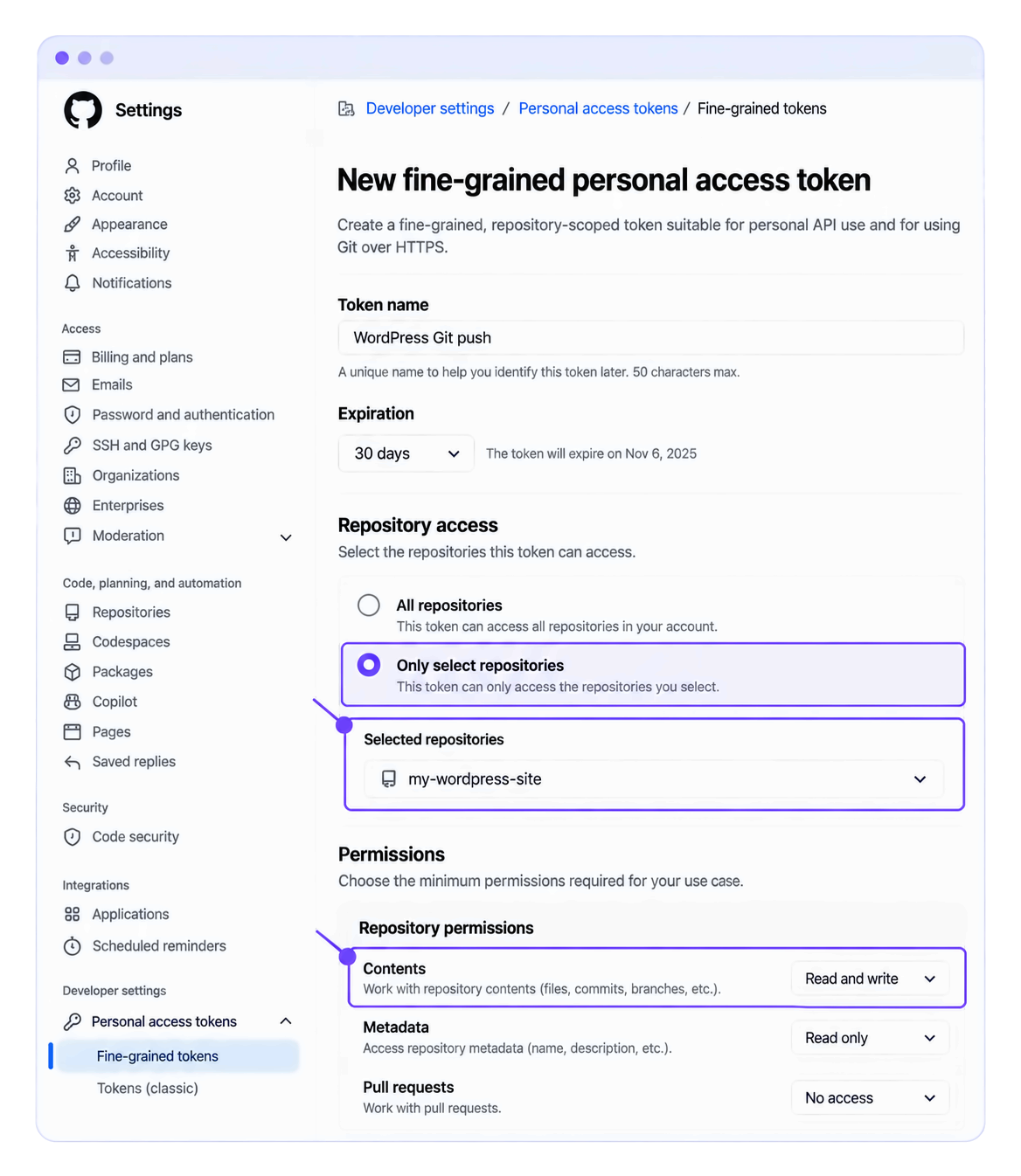 GitHub, new fine-grained token form