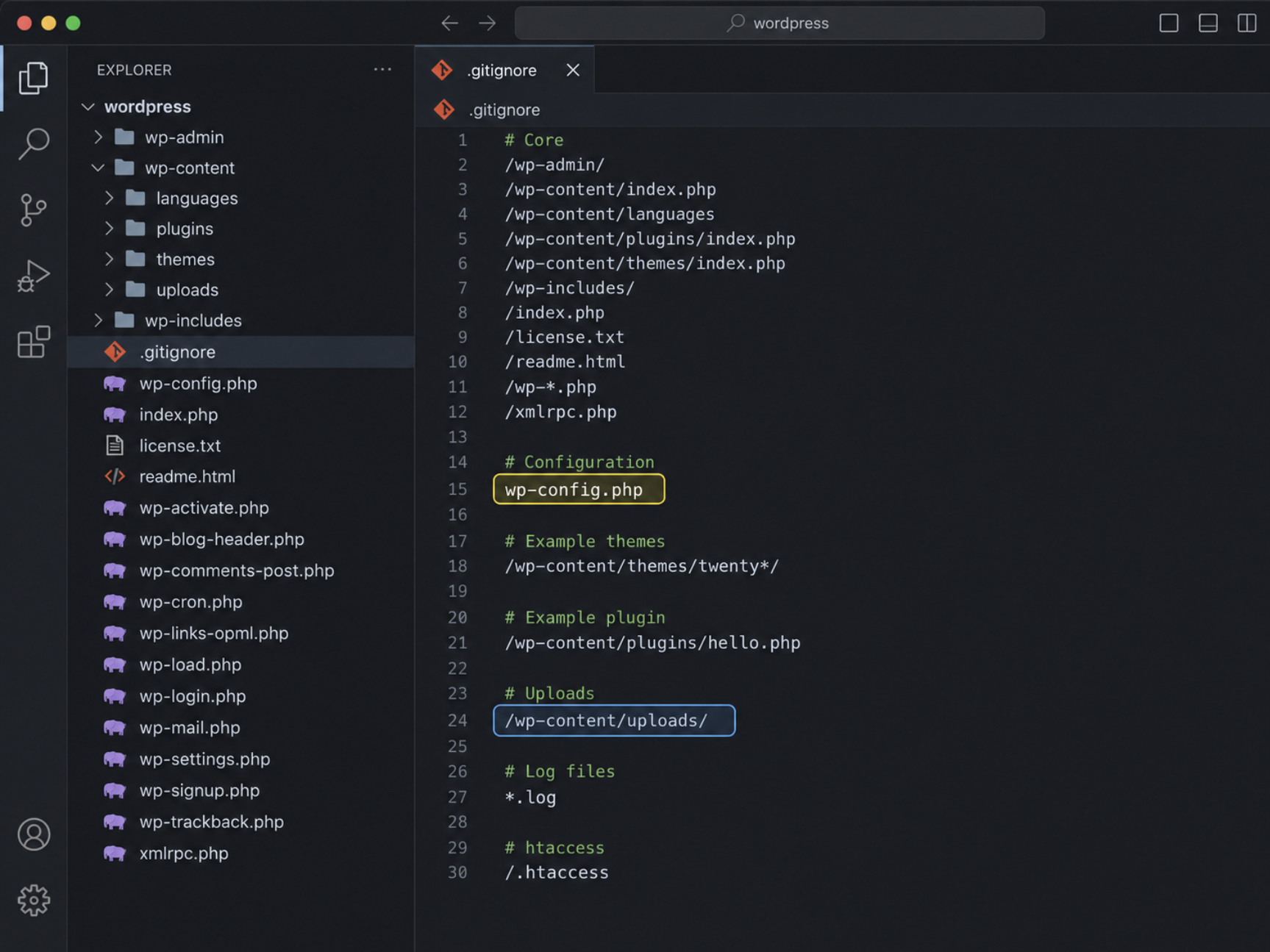 editor with .gitignore open in the WordPress folder 