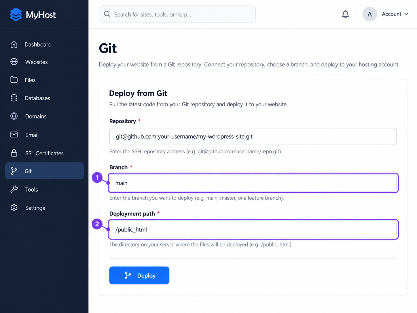 panel Git form, filled 