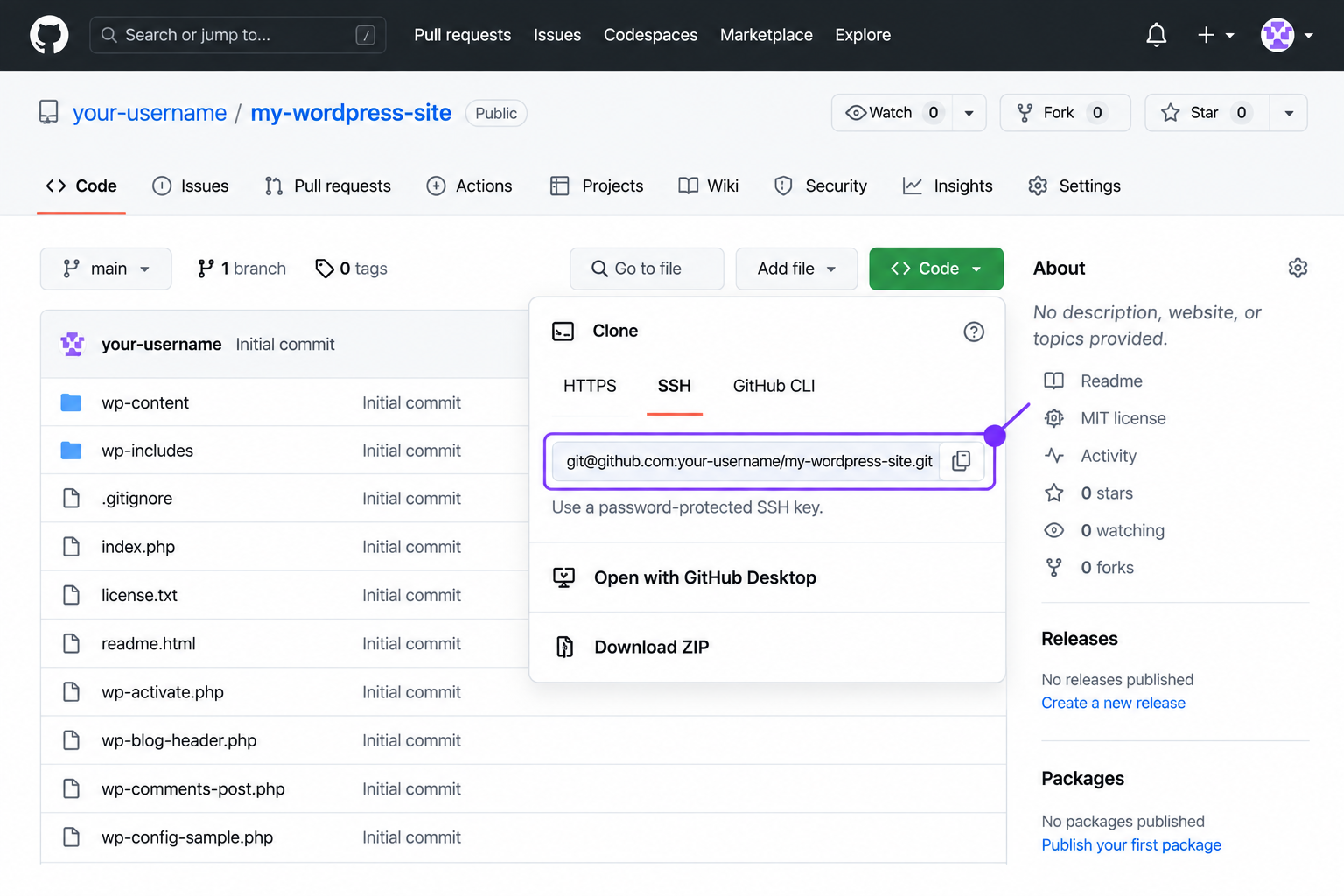 repository page, Code menu, SSH tab