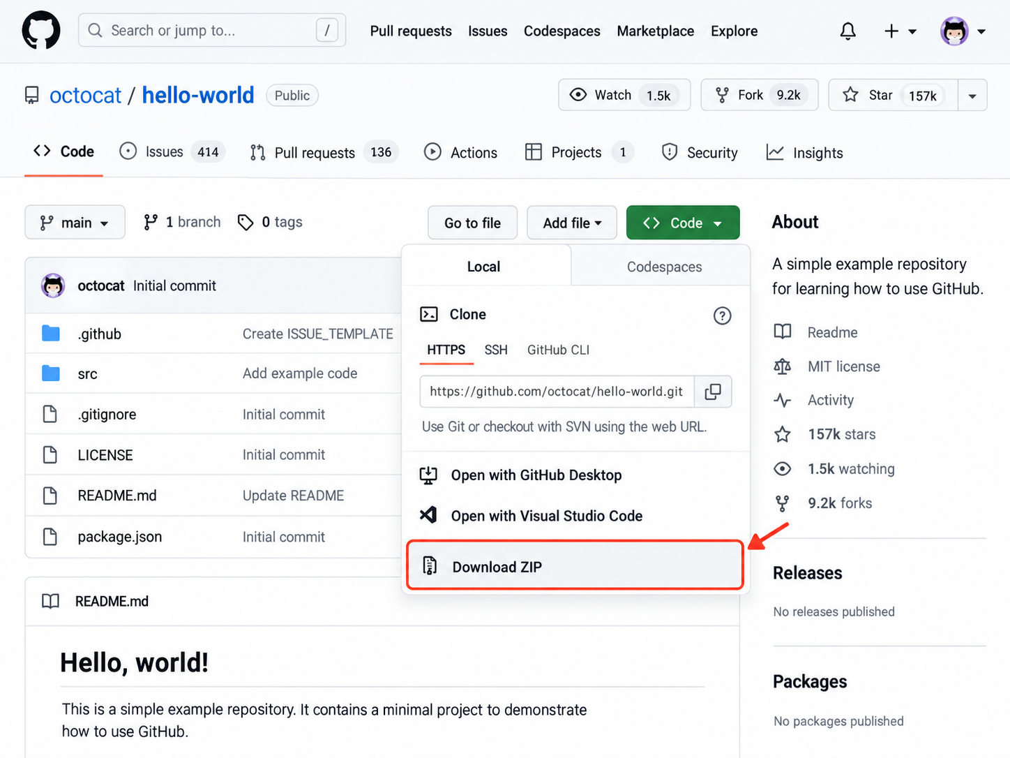 repository page, Code menu open