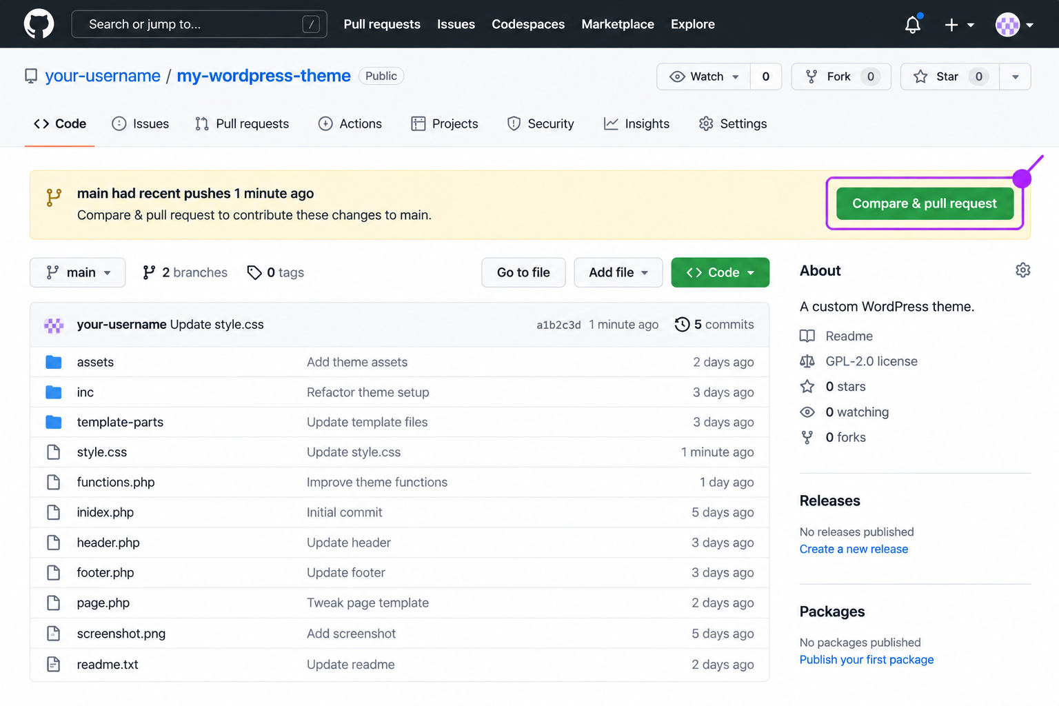 repository page right after a branch push